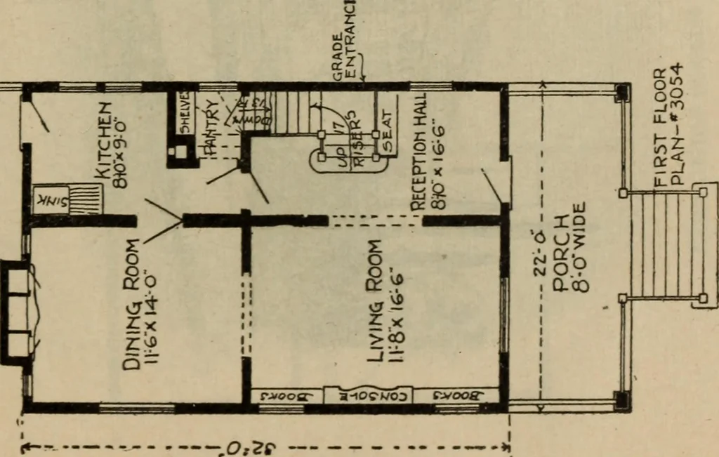 An illustration from Practical bungalows and cottages for town and country, perspective views and floor plans for three hundred low and medium priced houses and bungalows .., 1916, leaf 582