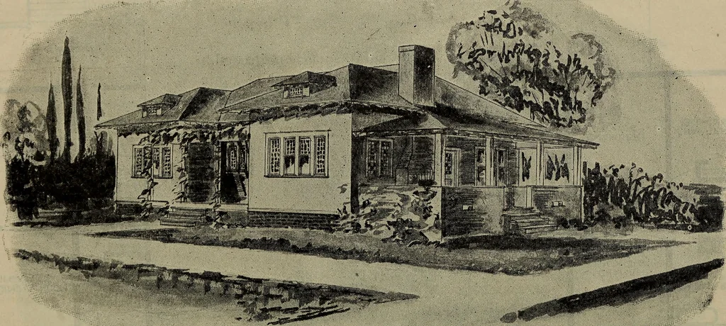 An illustration from Practical bungalows and cottages for town and country, perspective views and floor plans for three hundred low and medium priced houses and bungalows .., 1916, leaf 583