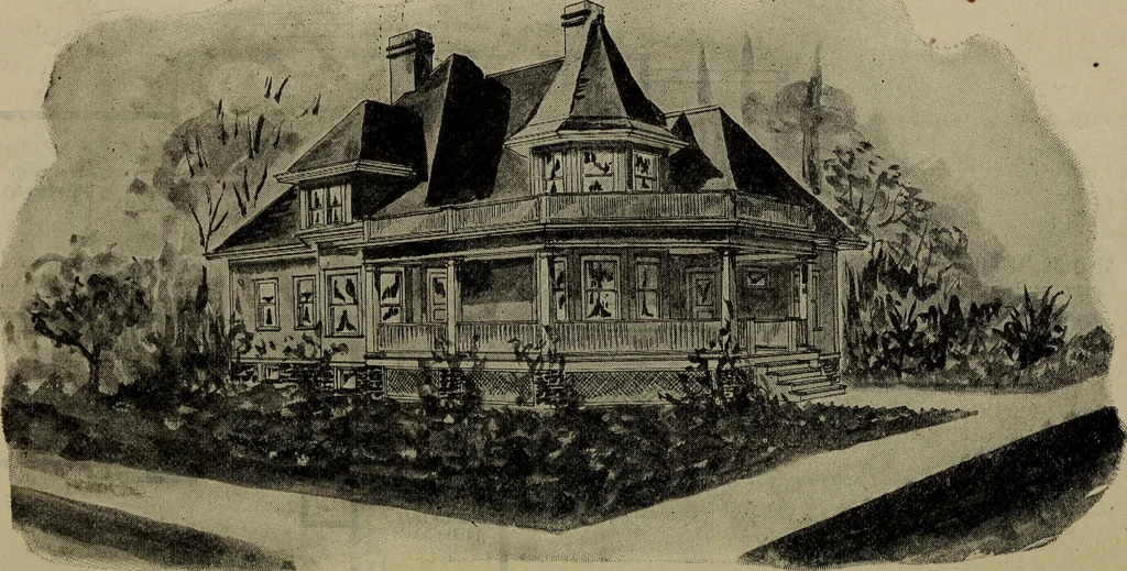 An illustration from Practical bungalows and cottages for town and country, perspective views and floor plans for three hundred low and medium priced houses and bungalows .., 1916, leaf 585