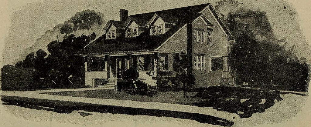 An illustration from Practical bungalows and cottages for town and country, perspective views and floor plans for three hundred low and medium priced houses and bungalows .., 1916, leaf 587