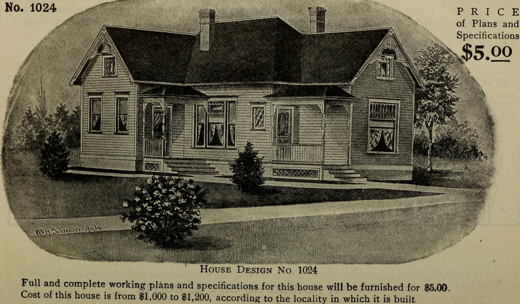 An illustration from Practical bungalows and cottages for town and country, perspective views and floor plans for three hundred low and medium priced houses and bungalows .., 1916, leaf 59