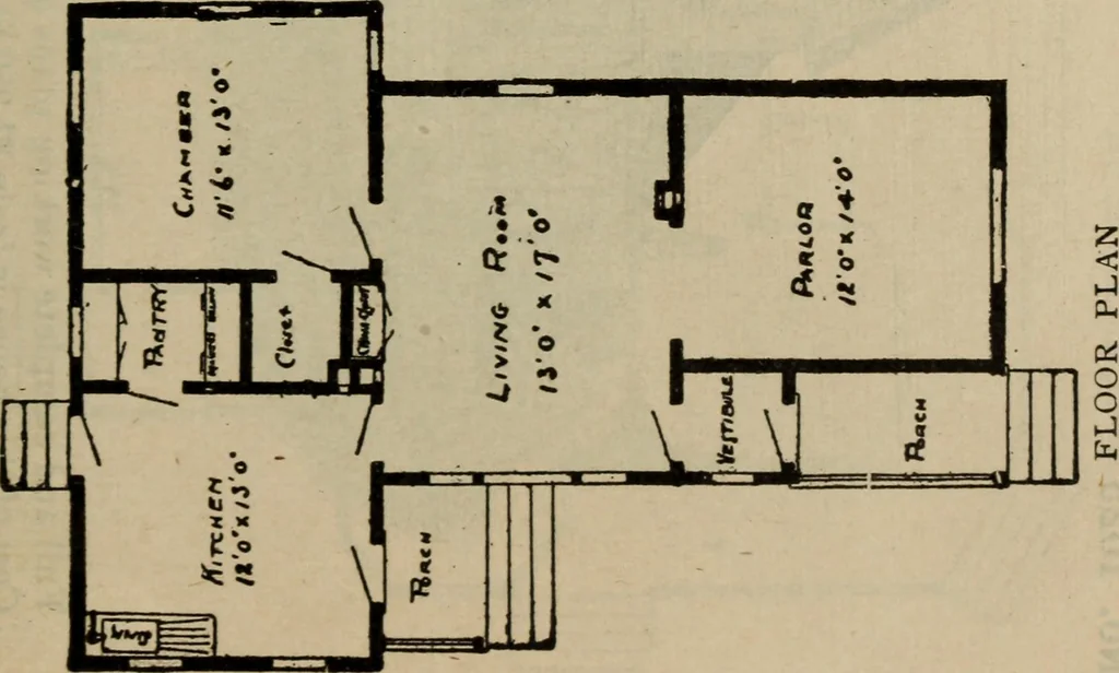 An illustration from Practical bungalows and cottages for town and country, perspective views and floor plans for three hundred low and medium priced houses and bungalows .., 1916, leaf 60