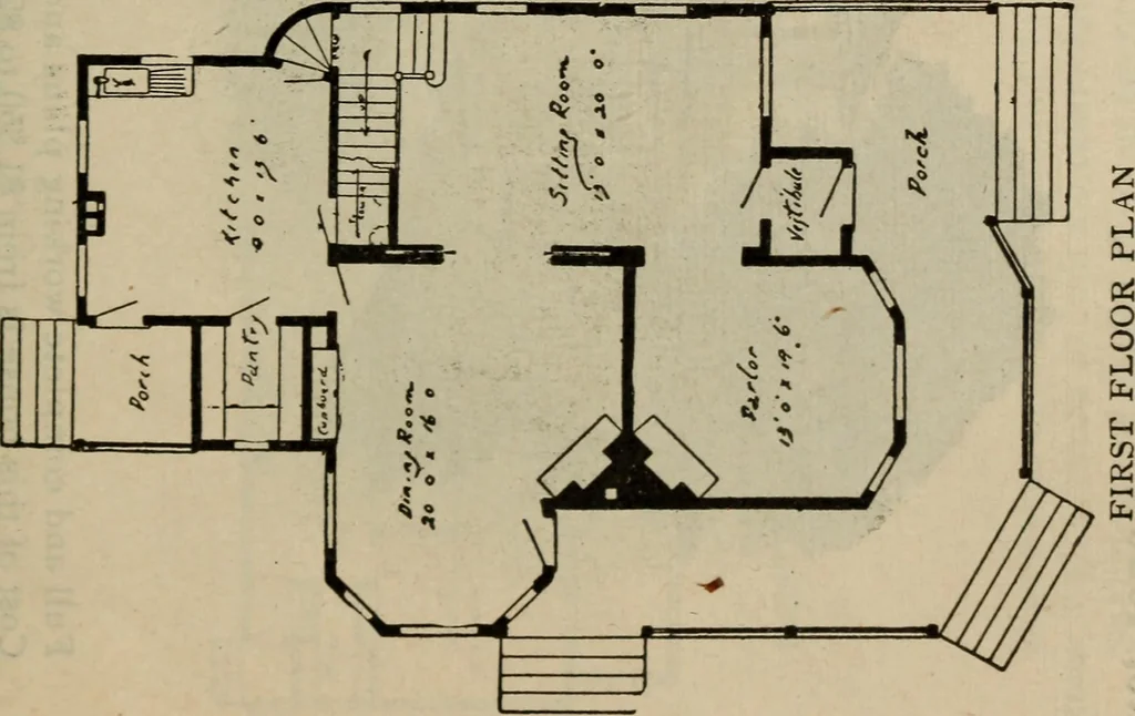 An illustration from Practical bungalows and cottages for town and country, perspective views and floor plans for three hundred low and medium priced houses and bungalows .., 1916, leaf 62