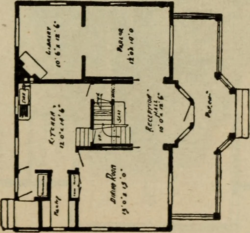 An illustration from Practical bungalows and cottages for town and country, perspective views and floor plans for three hundred low and medium priced houses and bungalows .., 1916, leaf 64