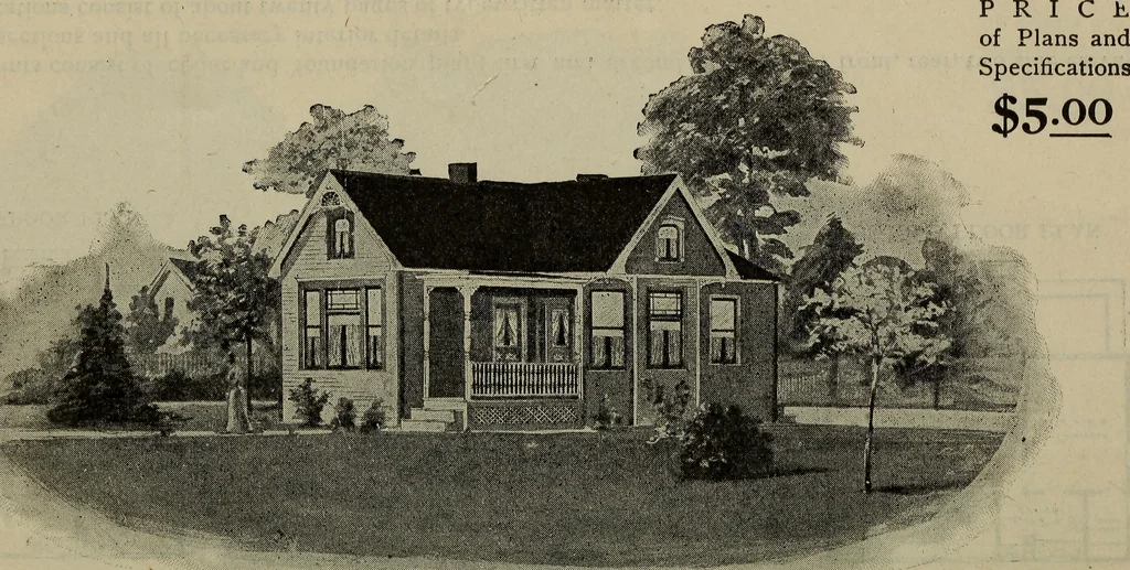 An illustration from Practical bungalows and cottages for town and country, perspective views and floor plans for three hundred low and medium priced houses and bungalows .., 1916, leaf 65