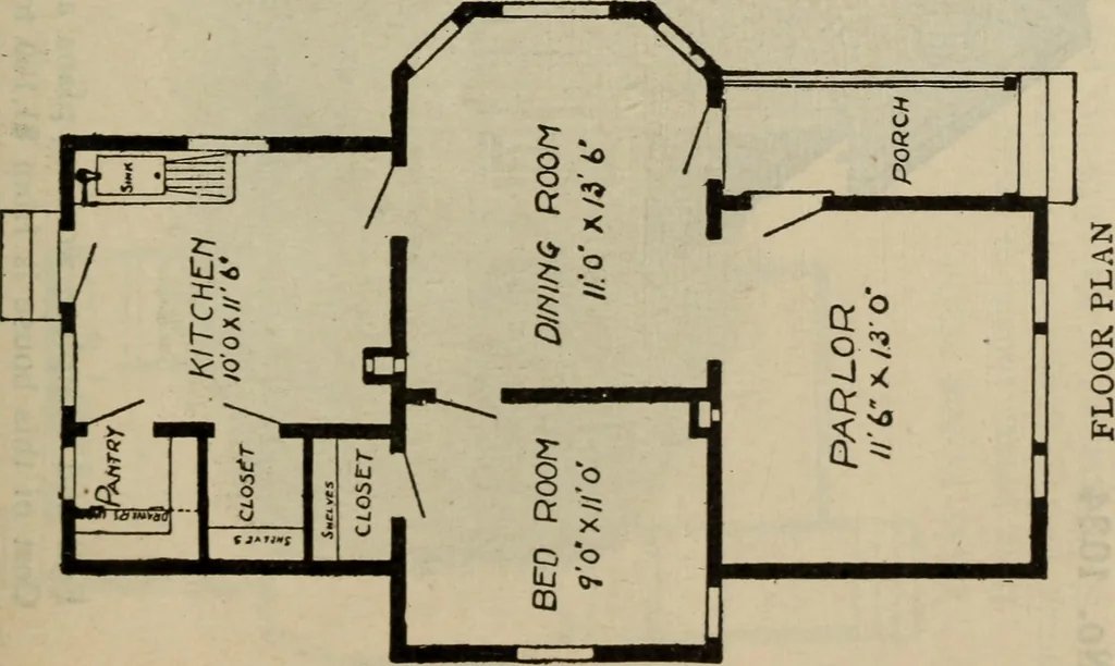 An illustration from Practical bungalows and cottages for town and country, perspective views and floor plans for three hundred low and medium priced houses and bungalows .., 1916, leaf 66