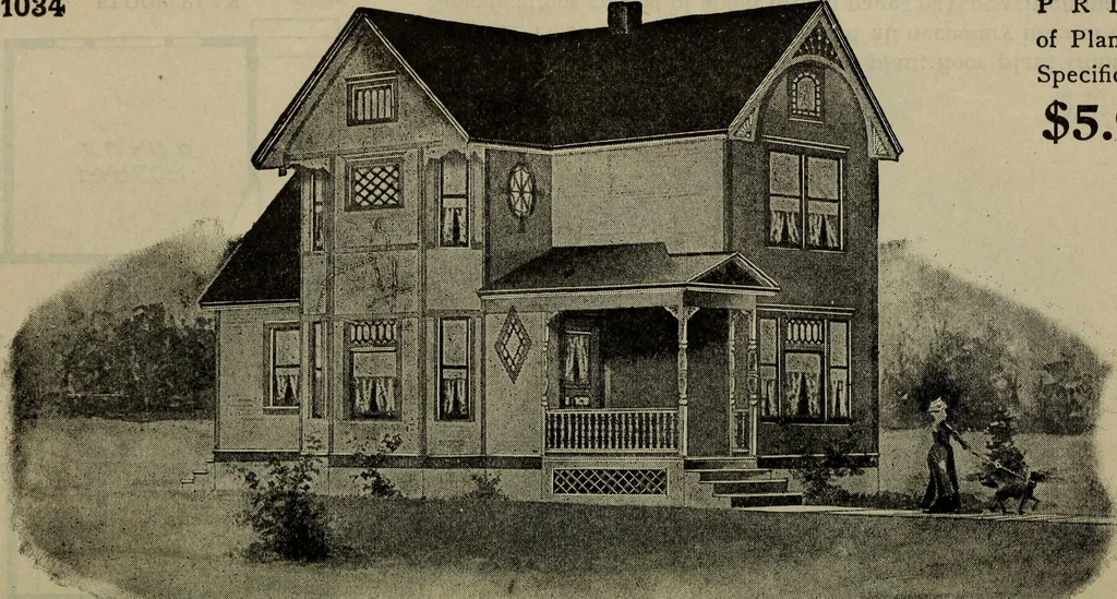 An illustration from Practical bungalows and cottages for town and country, perspective views and floor plans for three hundred low and medium priced houses and bungalows .., 1916, leaf 67