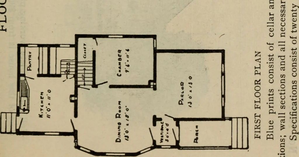 An illustration from Practical bungalows and cottages for town and country, perspective views and floor plans for three hundred low and medium priced houses and bungalows .., 1916, leaf 68
