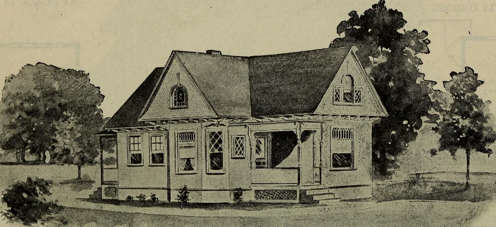 An illustration from Practical bungalows and cottages for town and country, perspective views and floor plans for three hundred low and medium priced houses and bungalows .., 1916, leaf 69