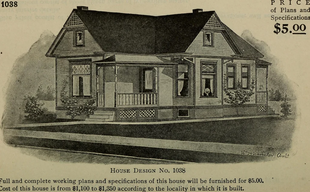 An illustration from Practical bungalows and cottages for town and country, perspective views and floor plans for three hundred low and medium priced houses and bungalows .., 1916, leaf 71