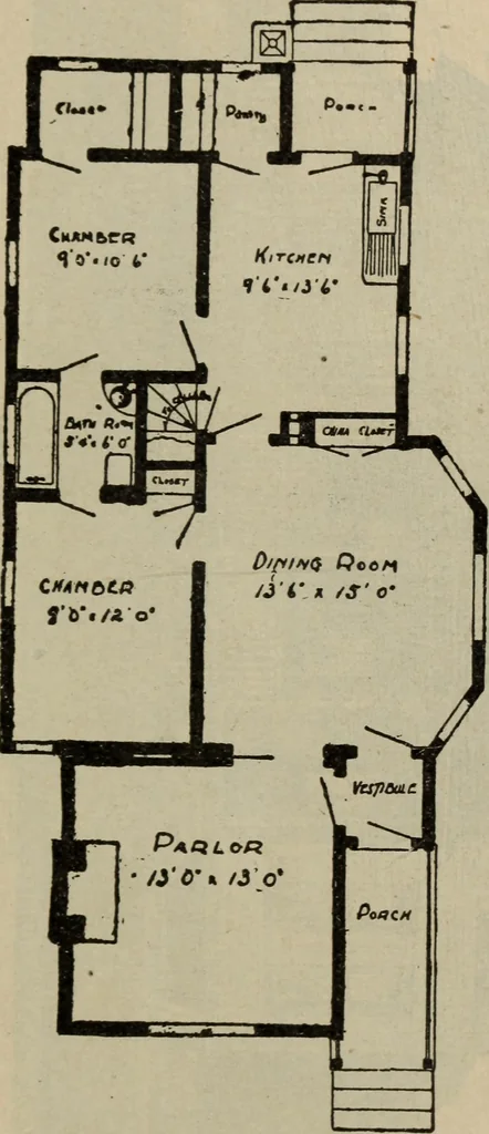 An illustration from Practical bungalows and cottages for town and country, perspective views and floor plans for three hundred low and medium priced houses and bungalows .., 1916, leaf 72
