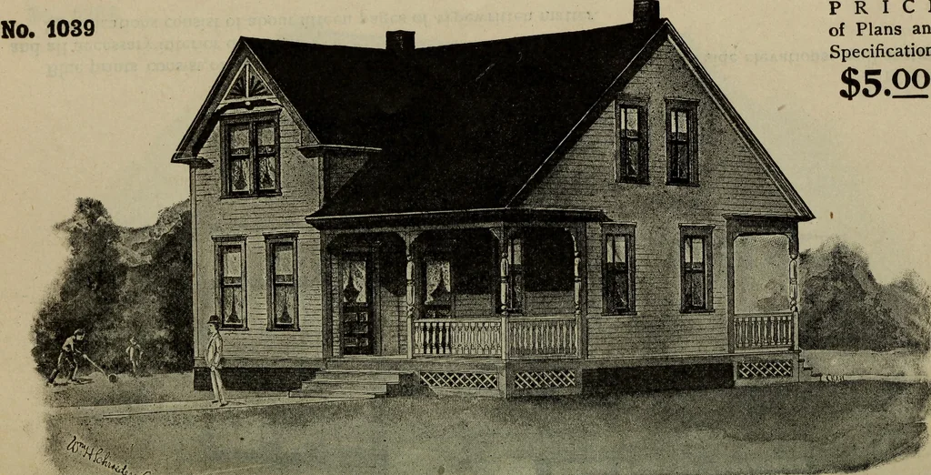 An illustration from Practical bungalows and cottages for town and country, perspective views and floor plans for three hundred low and medium priced houses and bungalows .., 1916, leaf 73