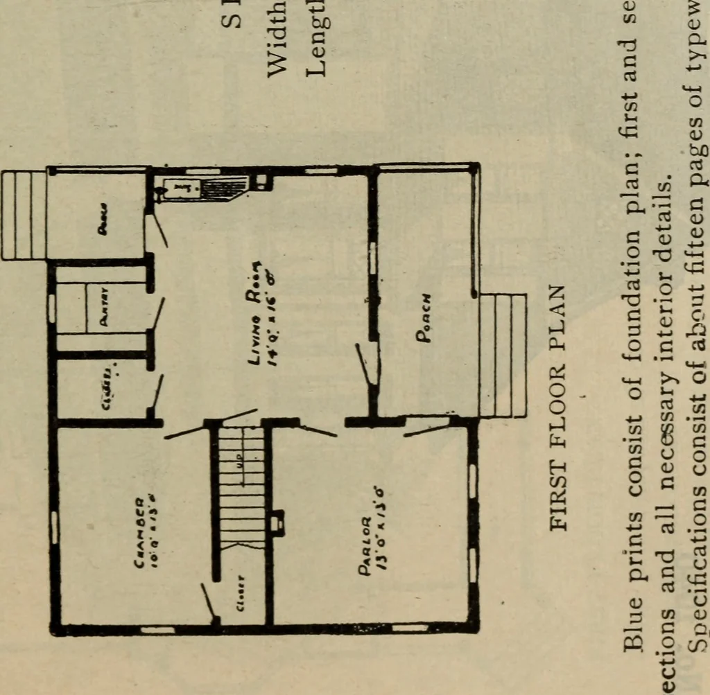 An illustration from Practical bungalows and cottages for town and country, perspective views and floor plans for three hundred low and medium priced houses and bungalows .., 1916, leaf 74