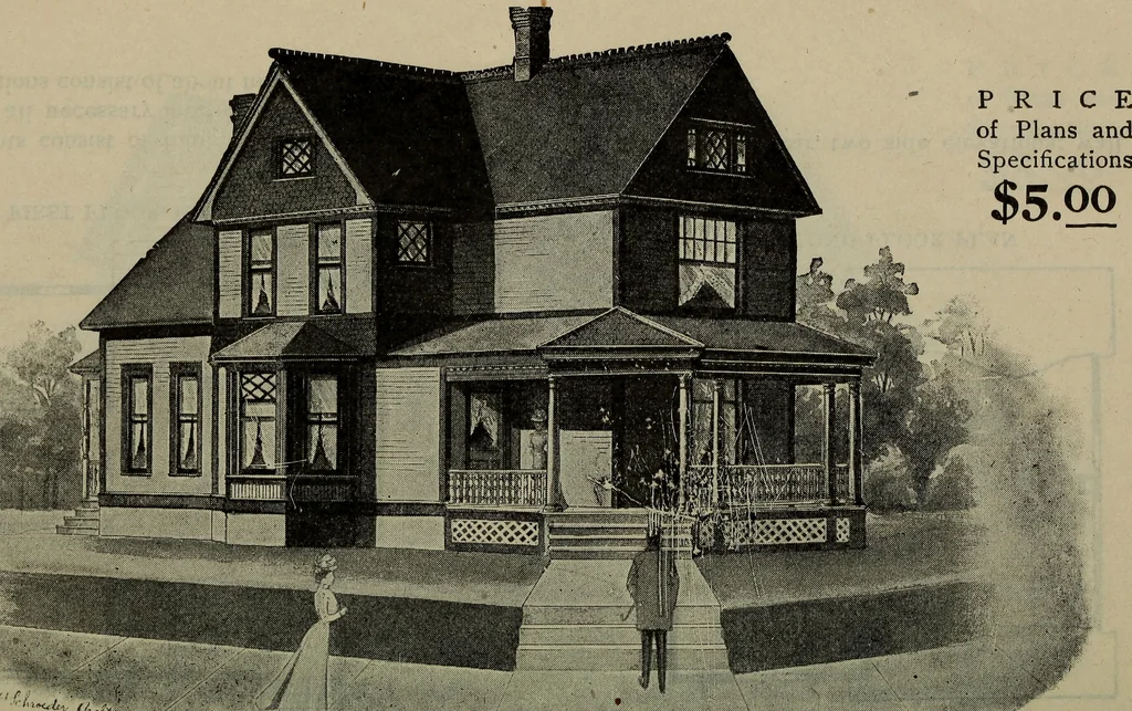 An illustration from Practical bungalows and cottages for town and country, perspective views and floor plans for three hundred low and medium priced houses and bungalows .., 1916, leaf 75