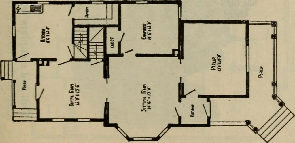 An illustration from Practical bungalows and cottages for town and country, perspective views and floor plans for three hundred low and medium priced houses and bungalows .., 1916, leaf 76