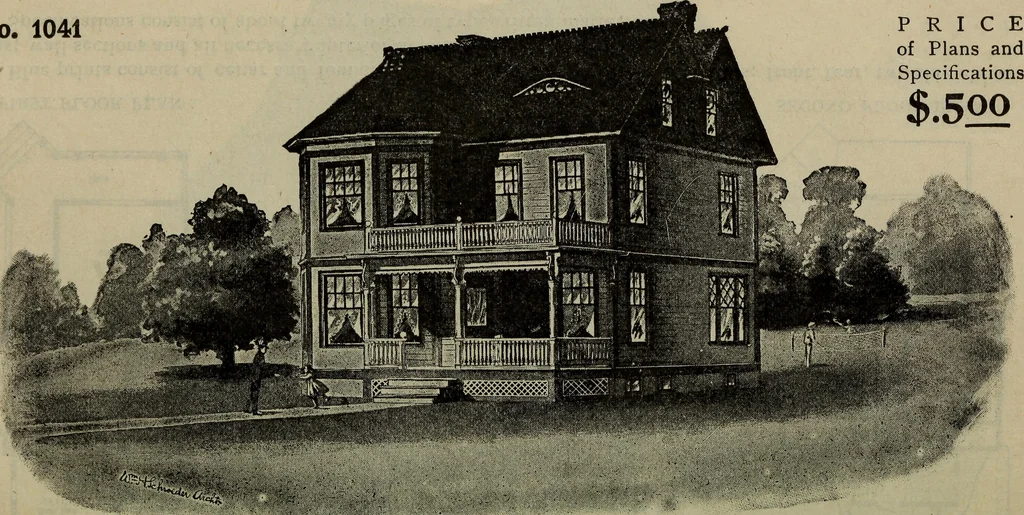 An illustration from Practical bungalows and cottages for town and country, perspective views and floor plans for three hundred low and medium priced houses and bungalows .., 1916, leaf 77