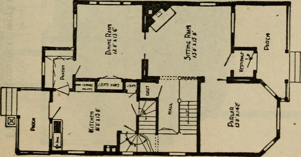 An illustration from Practical bungalows and cottages for town and country, perspective views and floor plans for three hundred low and medium priced houses and bungalows .., 1916, leaf 78