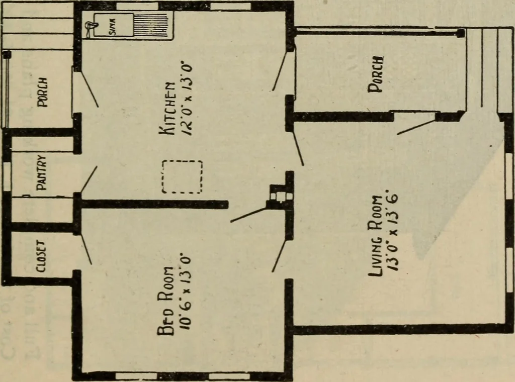 An illustration from Practical bungalows and cottages for town and country, perspective views and floor plans for three hundred low and medium priced houses and bungalows .., 1916, leaf 80