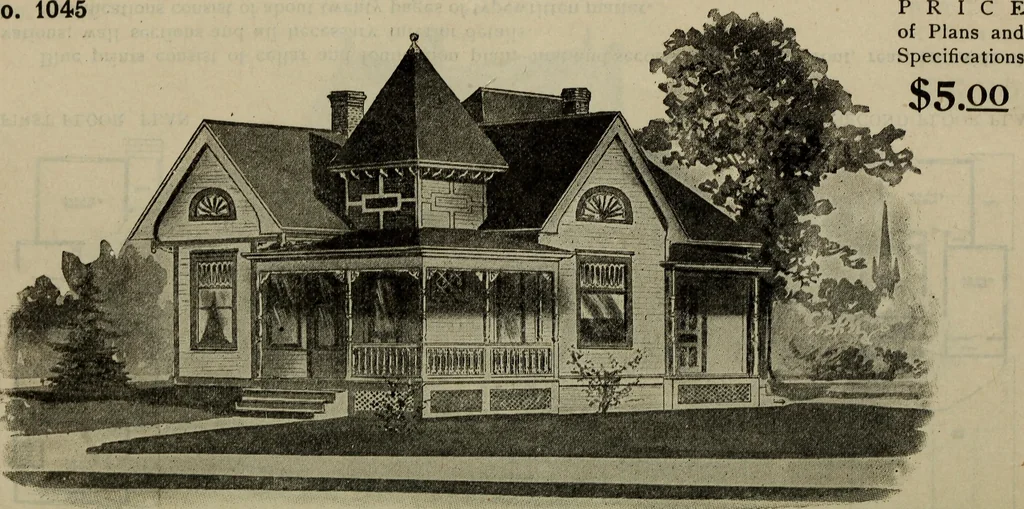 An illustration from Practical bungalows and cottages for town and country, perspective views and floor plans for three hundred low and medium priced houses and bungalows .., 1916, leaf 85