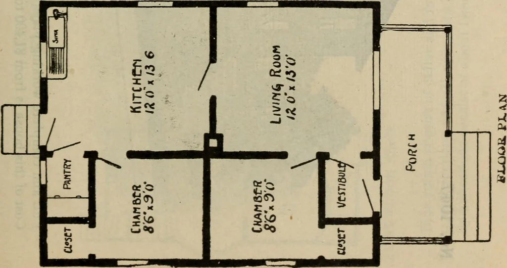 An illustration from Practical bungalows and cottages for town and country, perspective views and floor plans for three hundred low and medium priced houses and bungalows .., 1916, leaf 88