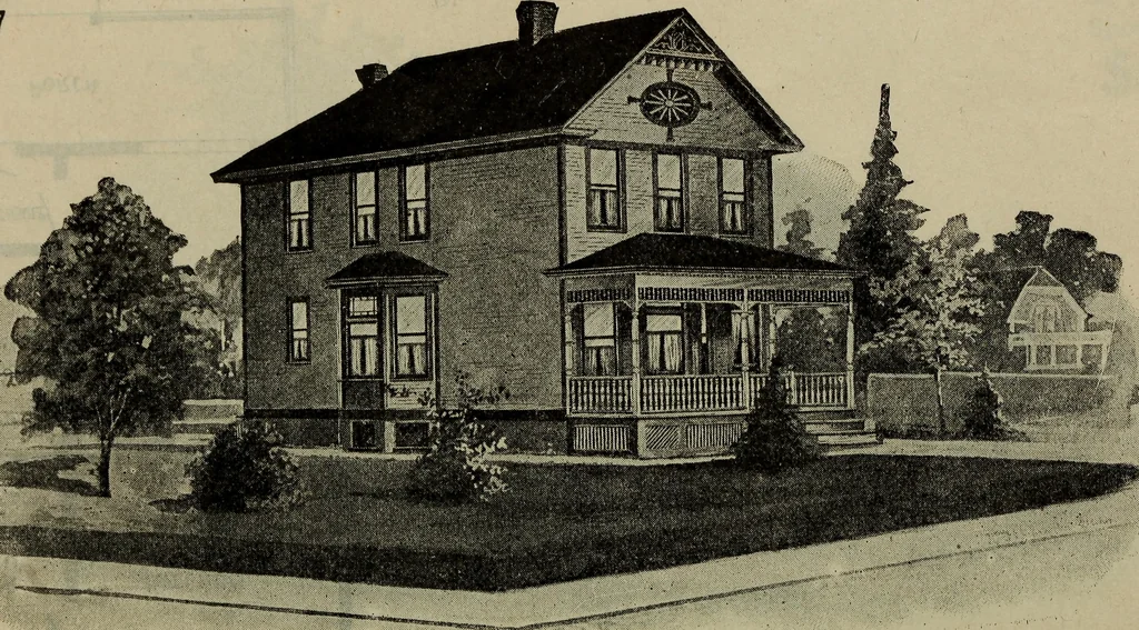 An illustration from Practical bungalows and cottages for town and country, perspective views and floor plans for three hundred low and medium priced houses and bungalows .., 1916, leaf 89