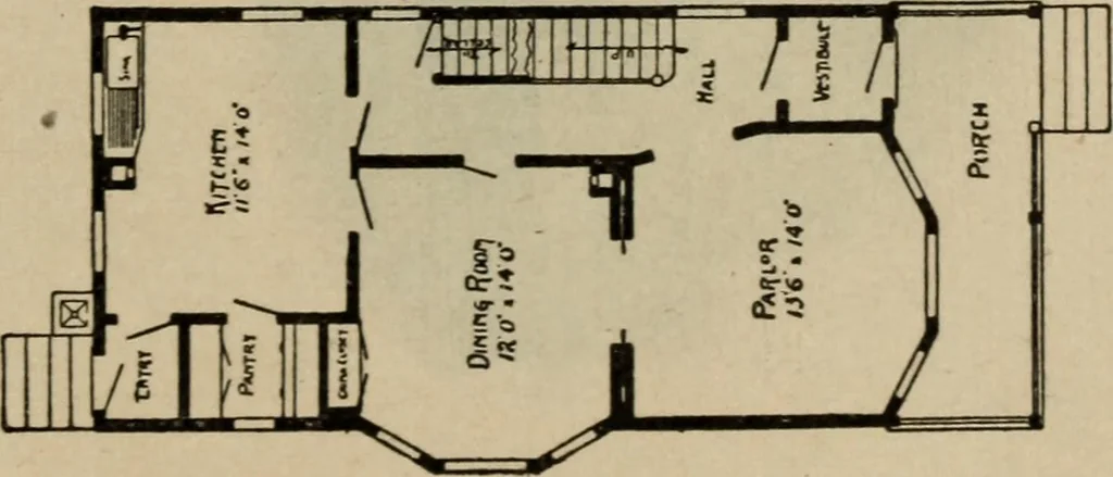 An illustration from Practical bungalows and cottages for town and country, perspective views and floor plans for three hundred low and medium priced houses and bungalows .., 1916, leaf 90