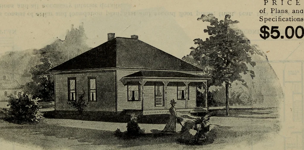 An illustration from Practical bungalows and cottages for town and country, perspective views and floor plans for three hundred low and medium priced houses and bungalows .., 1916, leaf 91