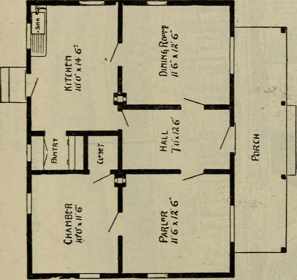 An illustration from Practical bungalows and cottages for town and country, perspective views and floor plans for three hundred low and medium priced houses and bungalows .., 1916, leaf 92