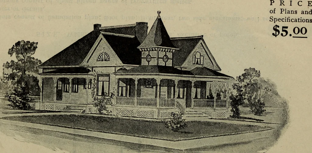 An illustration from Practical bungalows and cottages for town and country, perspective views and floor plans for three hundred low and medium priced houses and bungalows .., 1916, leaf 93