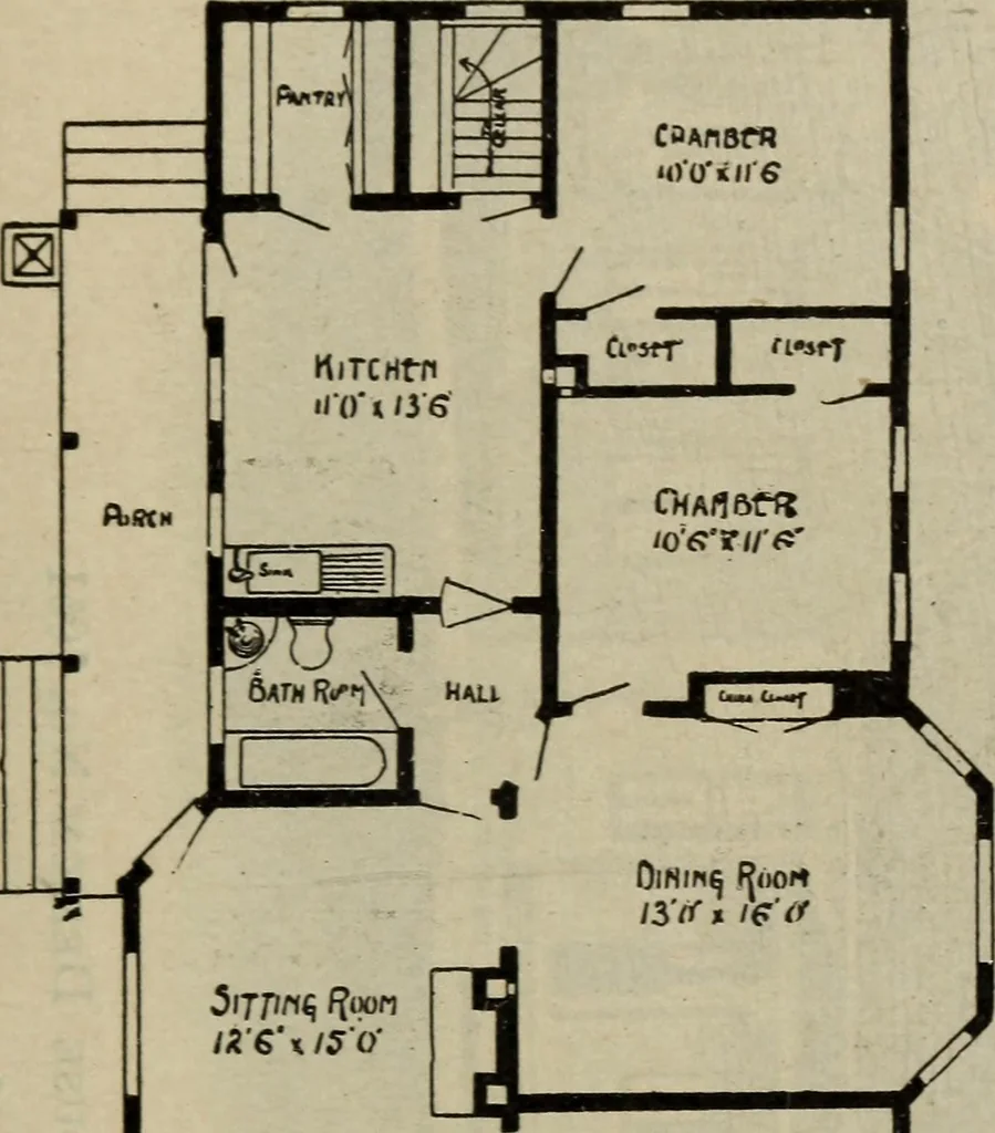 An illustration from Practical bungalows and cottages for town and country, perspective views and floor plans for three hundred low and medium priced houses and bungalows .., 1916, leaf 94