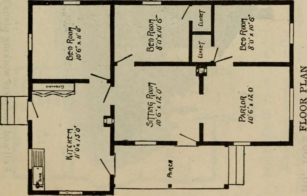 An illustration from Practical bungalows and cottages for town and country, perspective views and floor plans for three hundred low and medium priced houses and bungalows .., 1916, leaf 96