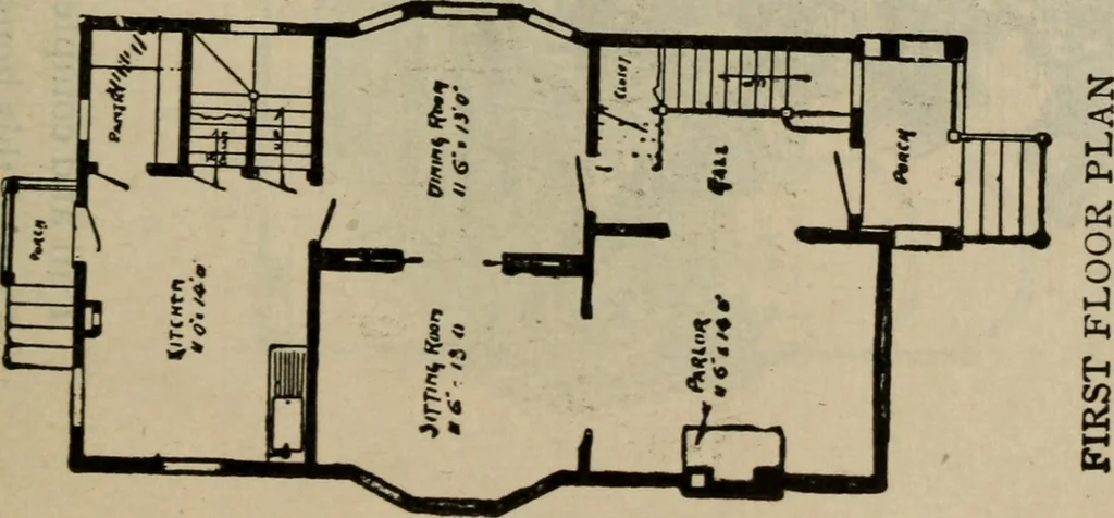 An illustration from Practical bungalows and cottages for town and country, perspective views and floor plans for three hundred low and medium priced houses and bungalows .., 1916, leaf 98