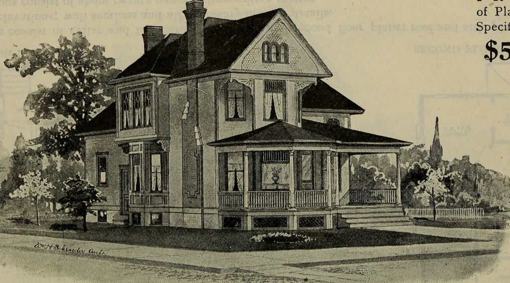 An illustration from Practical bungalows and cottages for town and country, perspective views and floor plans for three hundred low and medium priced houses and bungalows .., 1916, leaf 99