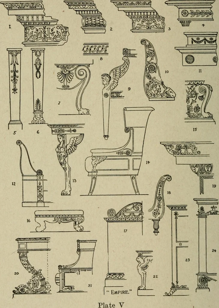 An illustration from The practical cabinet maker and furniture designer's assistant, with essays on history of furniture, taste in design, color and materials, with full explanation of the canons of good taste in furniture .., 1910, leaf 135