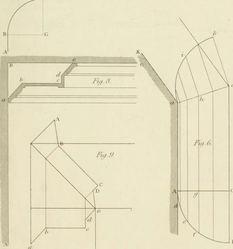 An illustration from Practical carpentry, joinery, and cabinet-making : being a new and complete system of lines for the use of workmen, founded on accurate geometrical and mechanical principles ... / by Peter Nicholson ; revised by Thomas Tredgold, 1853, leaf 342