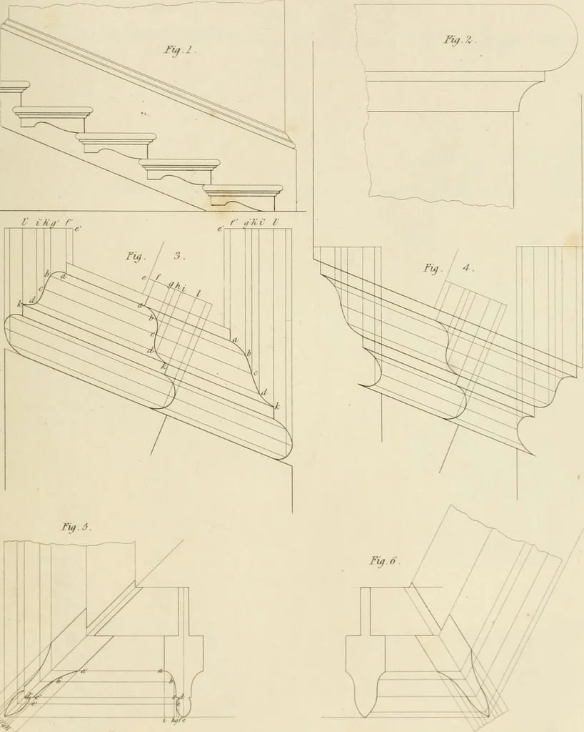 An illustration from Practical carpentry, joinery, and cabinet-making : being a new and complete system of lines for the use of workmen, founded on accurate geometrical and mechanical principles ... / by Peter Nicholson ; revised by Thomas Tredgold, 1853, leaf 374
