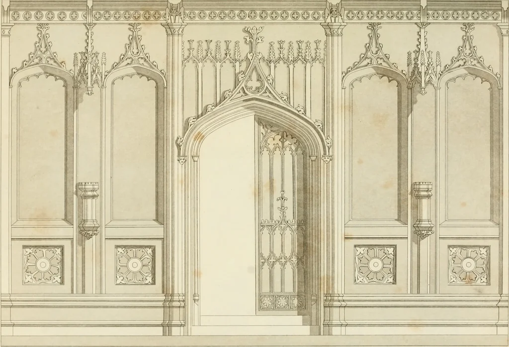 An illustration from Practical carpentry, joinery, and cabinet-making : being a new and complete system of lines for the use of workmen, founded on accurate geometrical and mechanical principles ... / by Peter Nicholson ; revised by Thomas Tredgold, 1853, leaf 378