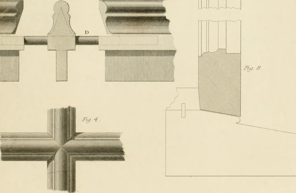 An illustration from Practical carpentry, joinery, and cabinet-making : being a new and complete system of lines for the use of workmen, founded on accurate geometrical and mechanical principles ... / by Peter Nicholson ; revised by Thomas Tredgold, 1853, leaf 392