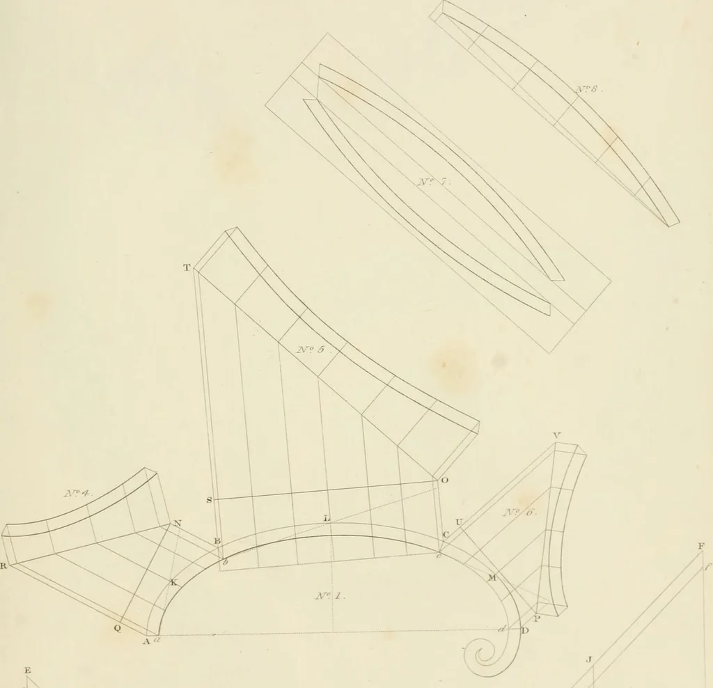 An illustration from Practical carpentry, joinery, and cabinet-making : being a new and complete system of lines for the use of workmen, founded on accurate geometrical and mechanical principles ... / by Peter Nicholson ; revised by Thomas Tredgold, 1853, leaf 456