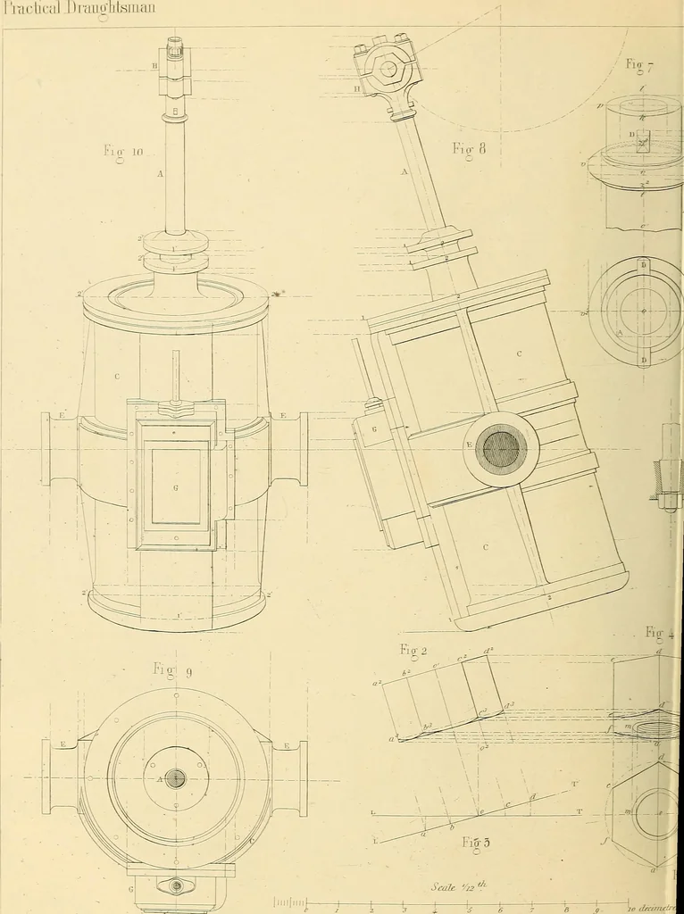 An illustration from The practical draughtsman's book of industrial design, and machinist's and engineer's drawing companion; forming a complete course of mechanical, engineering, and architectural drawing, 1871, leaf 451