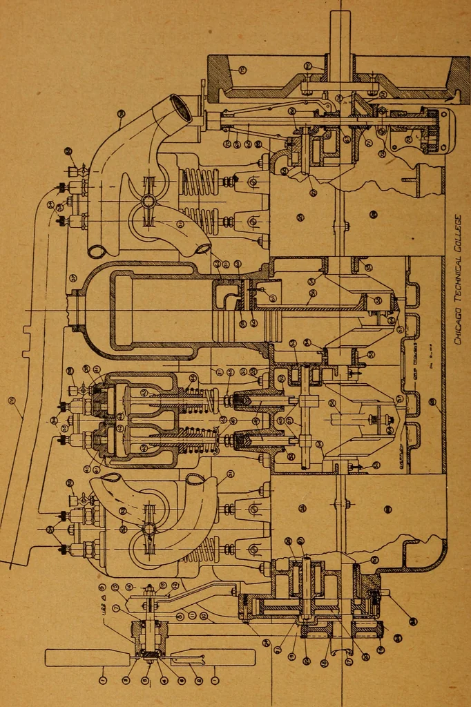 An illustration from Practical hand book of gas, oil and steam engines, stationary, marine, traction; gas burners, oil burners, etc.; farm, traction, automobile, locomotive; a simple, practical and comprehensive book on the construction, operation and repair of all kinds of engines, 1916, leaf 105