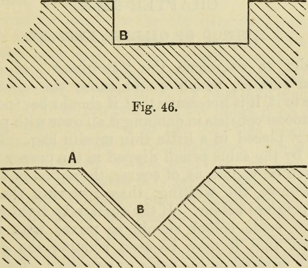 An illustration from A practical manual of house-painting, graining, marbling and sign-writing : containing full information on the processes of house-painting in oil and distemper, the formation of letters and practice of sign-writing, the principles of decorative art, a course of elementary drawing for house-painters, writers, etc., and a collection of useful receipts ; with nine coloured illustrations of woods and marbles, and numerous wood engravings, 1888, leaf 244