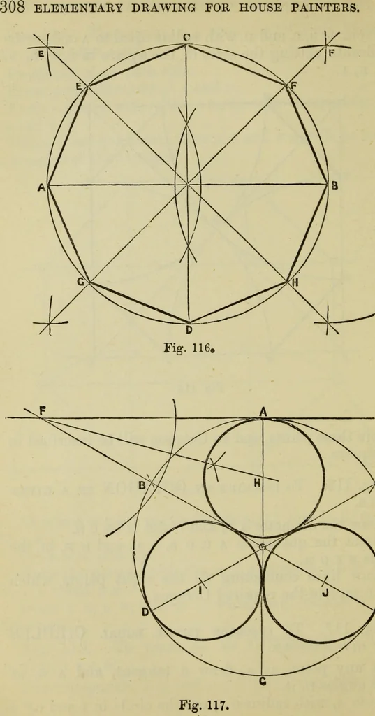 An illustration from A practical manual of house-painting, graining, marbling and sign-writing : containing full information on the processes of house-painting in oil and distemper, the formation of letters and practice of sign-writing, the principles of decorative art, a course of elementary drawing for house-painters, writers, etc., and a collection of useful receipts ; with nine coloured illustrations of woods and marbles, and numerous wood engravings, 1888, leaf 335