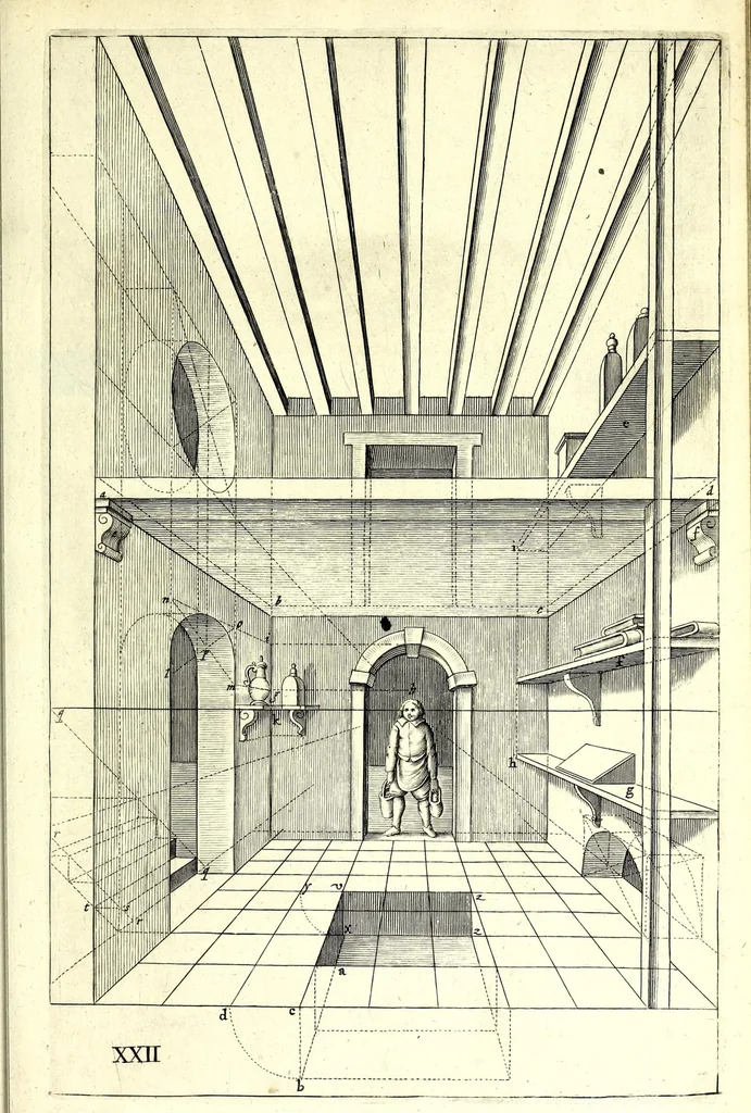 An illustration from Practical perspective; or, Perspective made easie. Teaching by the opticks, how to delineate all bodies, buildings, or landskips, &c. By the catoptricks, how to delineate confused appearances, so as when seen in a mirror or pollisht body of any intended shape, the reflection shall shew a designe. By the dioptircks [sic], how to draw parts of many figures into one, when seen through a glass or christal cut into many faces.., 1670, leaf 101