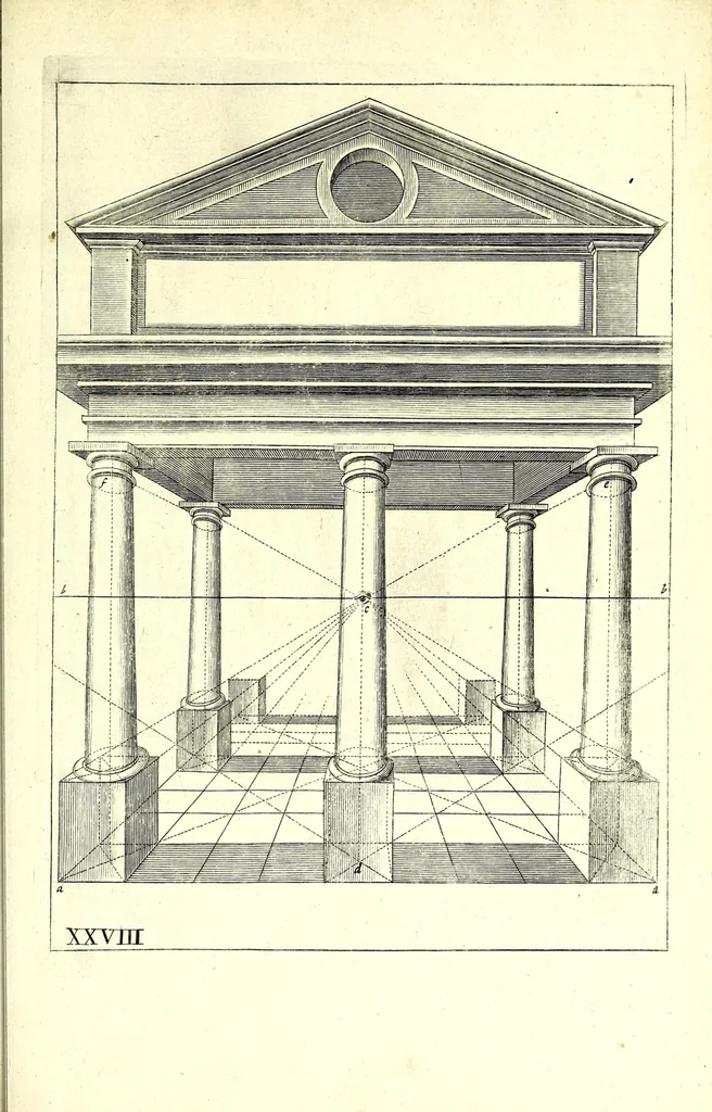 An illustration from Practical perspective; or, Perspective made easie. Teaching by the opticks, how to delineate all bodies, buildings, or landskips, &c. By the catoptricks, how to delineate confused appearances, so as when seen in a mirror or pollisht body of any intended shape, the reflection shall shew a designe. By the dioptircks [sic], how to draw parts of many figures into one, when seen through a glass or christal cut into many faces.., 1670, leaf 113