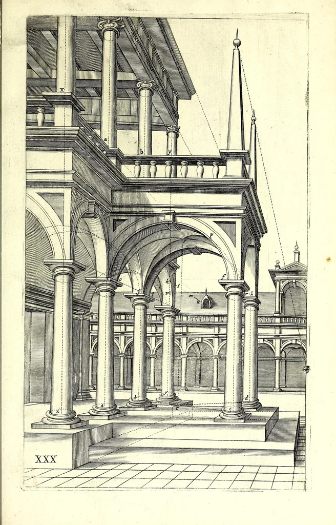 An illustration from Practical perspective; or, Perspective made easie. Teaching by the opticks, how to delineate all bodies, buildings, or landskips, &c. By the catoptricks, how to delineate confused appearances, so as when seen in a mirror or pollisht body of any intended shape, the reflection shall shew a designe. By the dioptircks [sic], how to draw parts of many figures into one, when seen through a glass or christal cut into many faces.., 1670, leaf 117