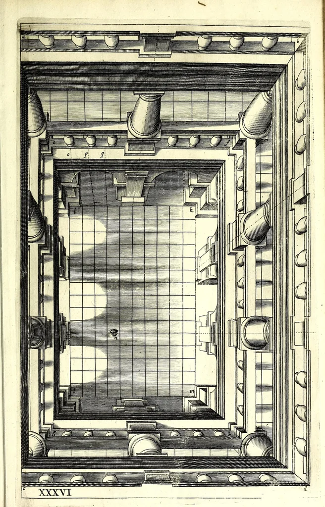 An illustration from Practical perspective; or, Perspective made easie. Teaching by the opticks, how to delineate all bodies, buildings, or landskips, &c. By the catoptricks, how to delineate confused appearances, so as when seen in a mirror or pollisht body of any intended shape, the reflection shall shew a designe. By the dioptircks [sic], how to draw parts of many figures into one, when seen through a glass or christal cut into many faces.., 1670, leaf 129