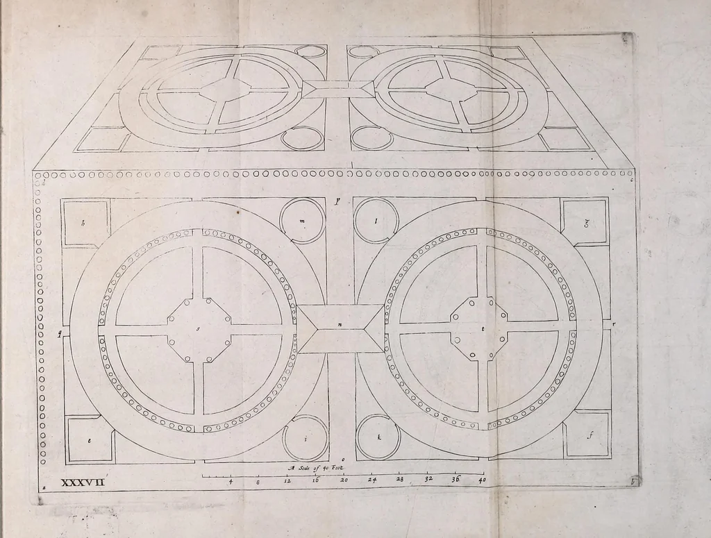 An illustration from Practical perspective; or, Perspective made easie. Teaching by the opticks, how to delineate all bodies, buildings, or landskips, &c. By the catoptricks, how to delineate confused appearances, so as when seen in a mirror or pollisht body of any intended shape, the reflection shall shew a designe. By the dioptircks [sic], how to draw parts of many figures into one, when seen through a glass or christal cut into many faces.., 1670, leaf 131