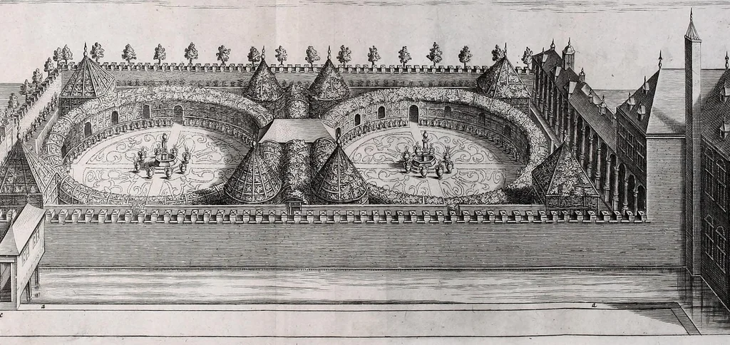 An illustration from Practical perspective; or, Perspective made easie. Teaching by the opticks, how to delineate all bodies, buildings, or landskips, &c. By the catoptricks, how to delineate confused appearances, so as when seen in a mirror or pollisht body of any intended shape, the reflection shall shew a designe. By the dioptircks [sic], how to draw parts of many figures into one, when seen through a glass or christal cut into many faces.., 1670, leaf 133