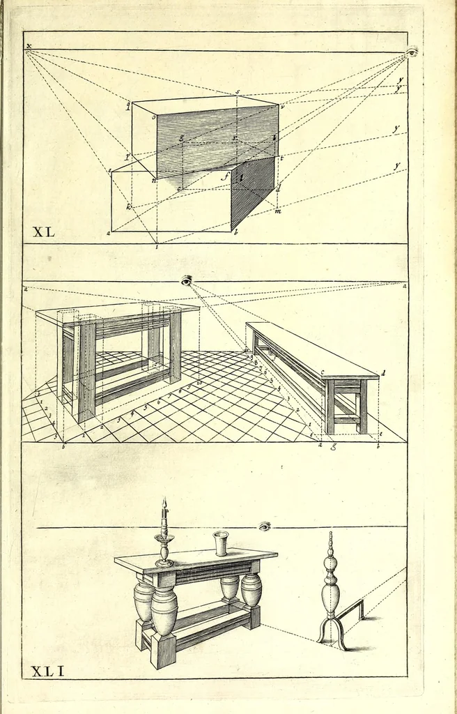 An illustration from Practical perspective; or, Perspective made easie. Teaching by the opticks, how to delineate all bodies, buildings, or landskips, &c. By the catoptricks, how to delineate confused appearances, so as when seen in a mirror or pollisht body of any intended shape, the reflection shall shew a designe. By the dioptircks [sic], how to draw parts of many figures into one, when seen through a glass or christal cut into many faces.., 1670, leaf 137